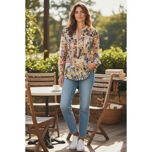 Maeve Patchwork Floral Blouse Womens Multicolor Crochet Trim Peplum Top Size 0